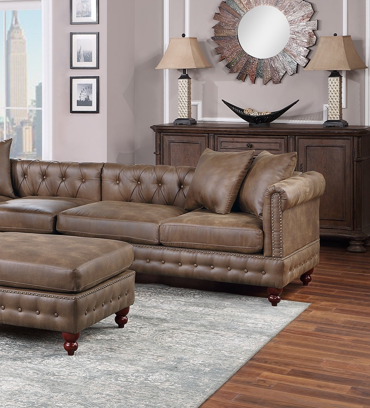 Dark Coffee Leatherette Solidwood Sectional 4pc Set Reversible Chaise Ottoman Tufted Couch E953500