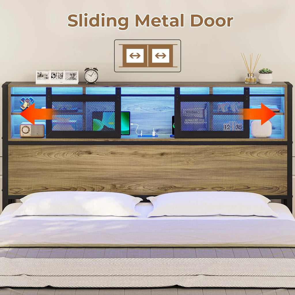 Oak Grey Full Size Metal Platform Bed Frame with 4 Storage Drawers X46878