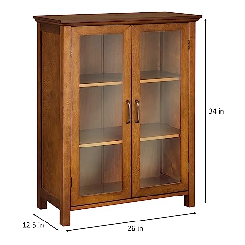 Oiled Oak Wooden Freestanding Floor Cabinet with 2 Adjustable Shelves and 2 Glass Paneled Doors Y13359