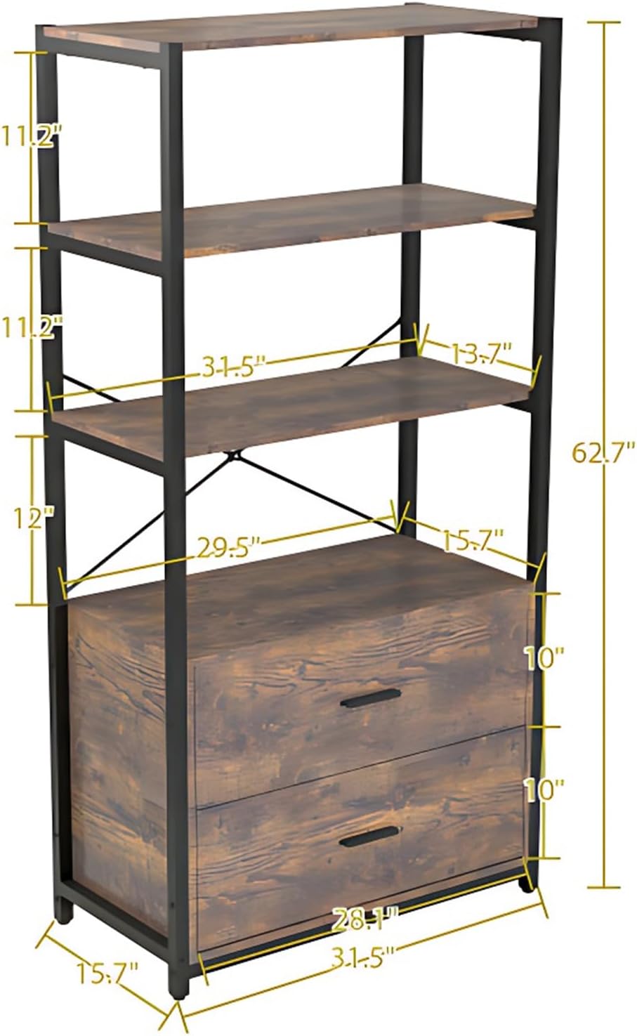 Tall Bookshelf with File Cabinet Drawers, Standing Shelf Units with Storage, Wooden Bookshelves, Vintage Brown O62361