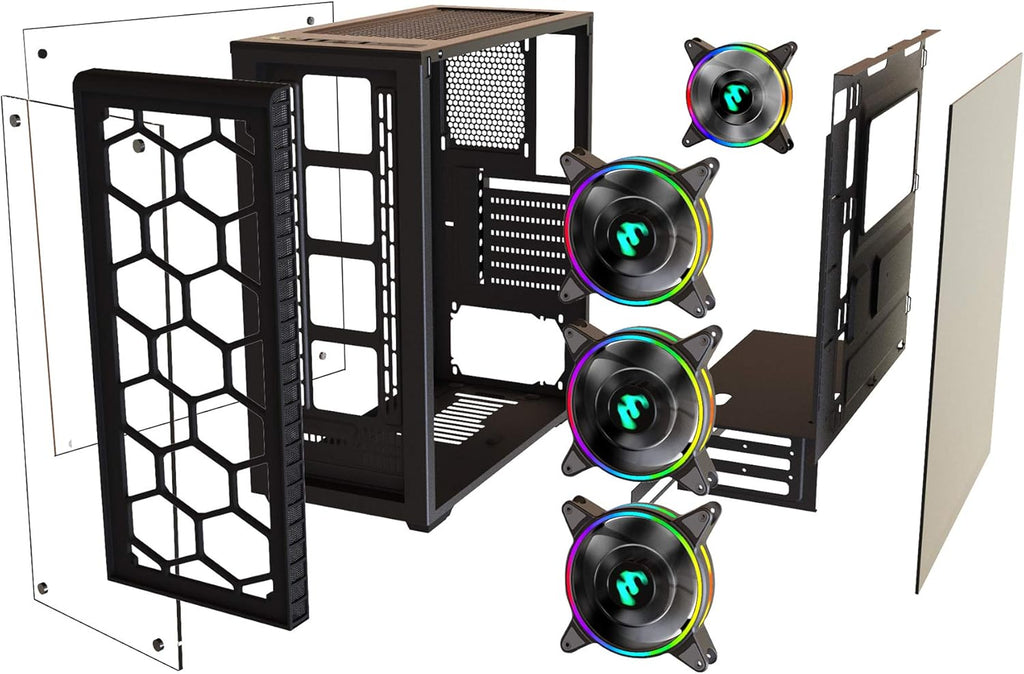 Black ATX Mid Tower Gaming Computer Case with Tempered Glass, 4X 120mm Fan, USB 3.0 H3821