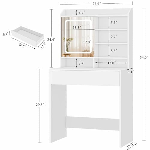 White Small Vanity Desk with Mirror and Lights, 1 Drawer & 3 Shelves D724