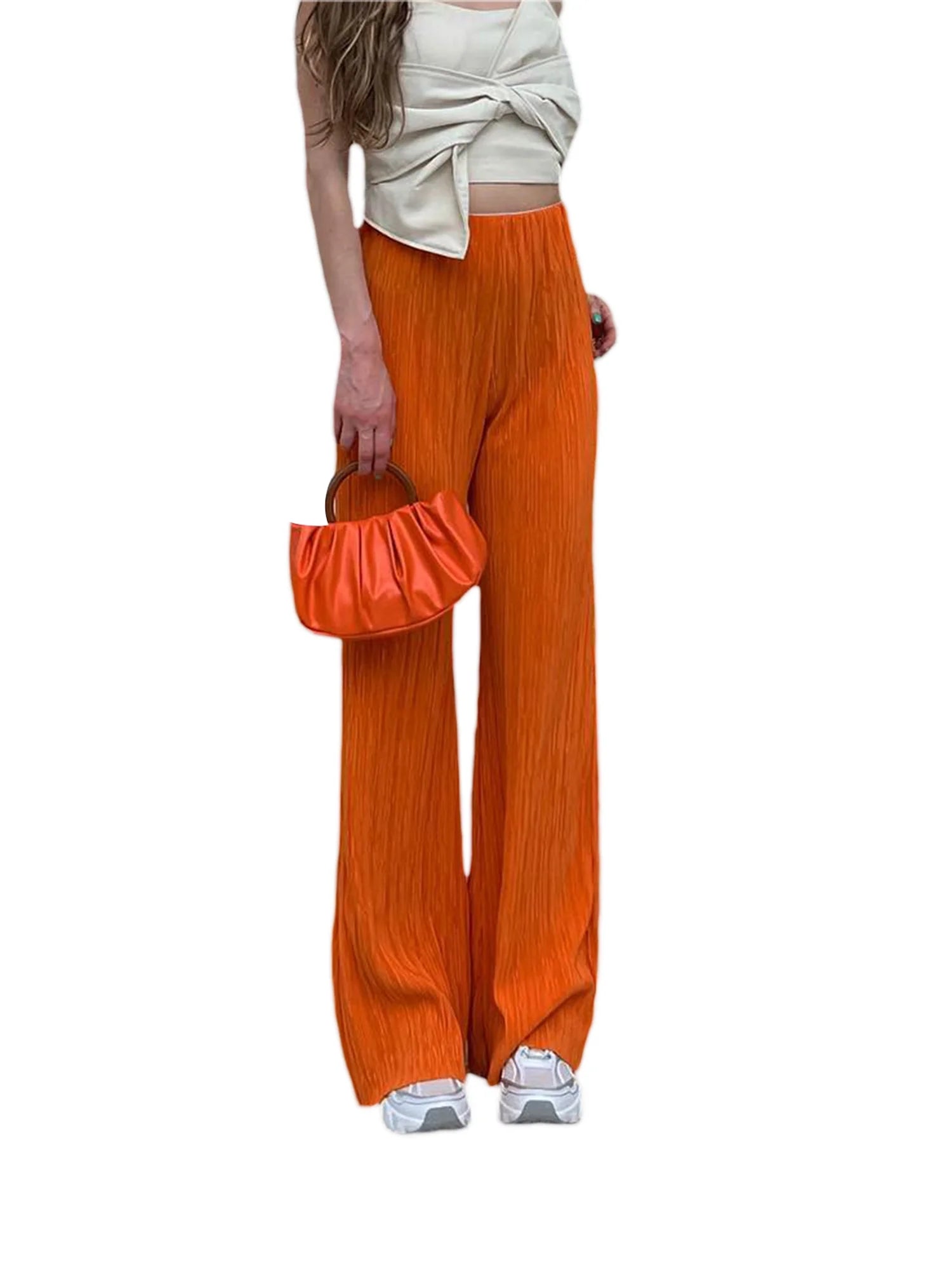 Women Casual Solid Colour Loose Fit Elasticated Waist Long Trouser with Pockets X48740