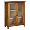 Oiled Oak Wooden Freestanding Floor Cabinet with 2 Adjustable Shelves and 2 Glass Paneled Doors Y13359