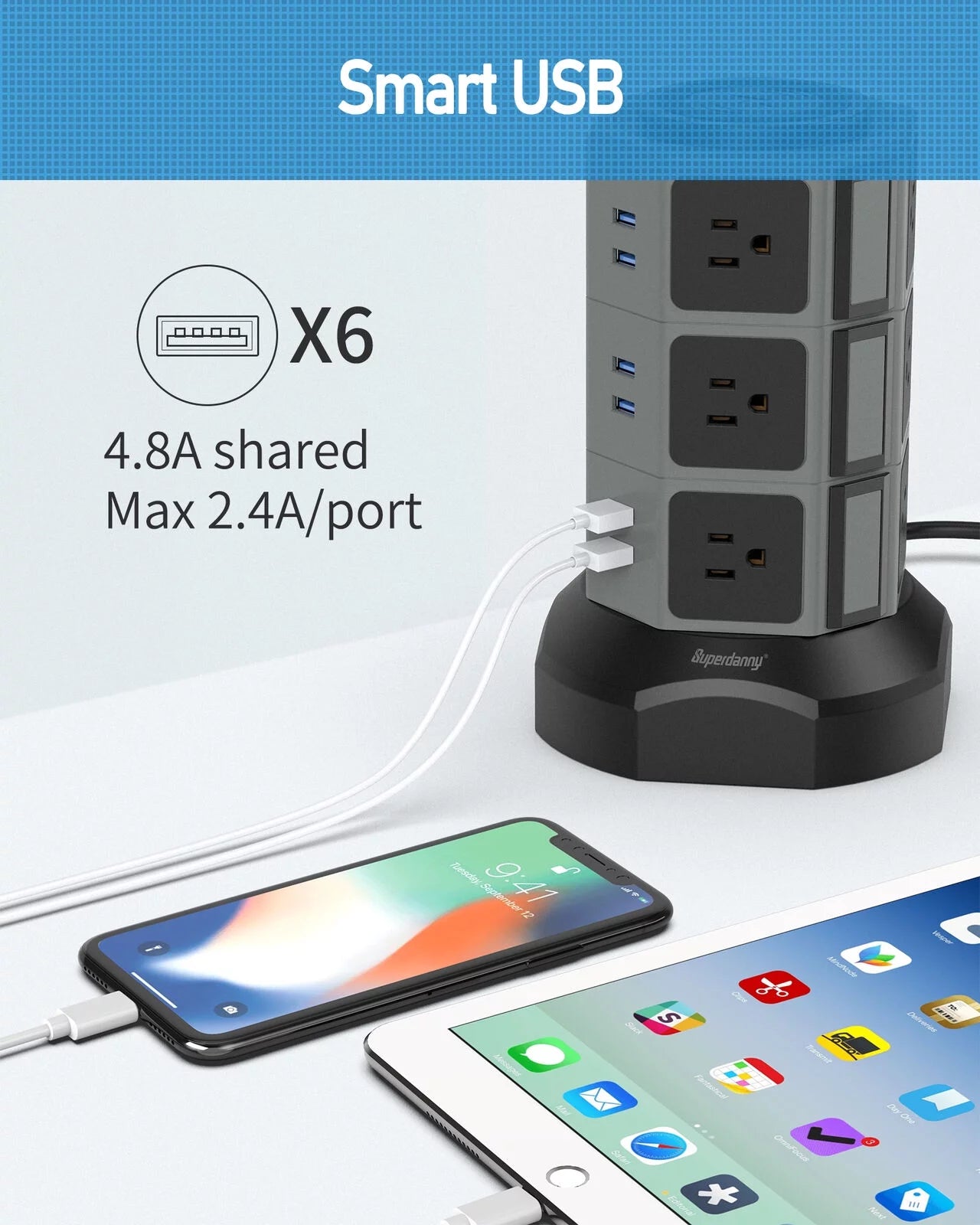 12 AC Outlet 6.5FT Surge Protector Power Strip Tower with USB Ports A710078