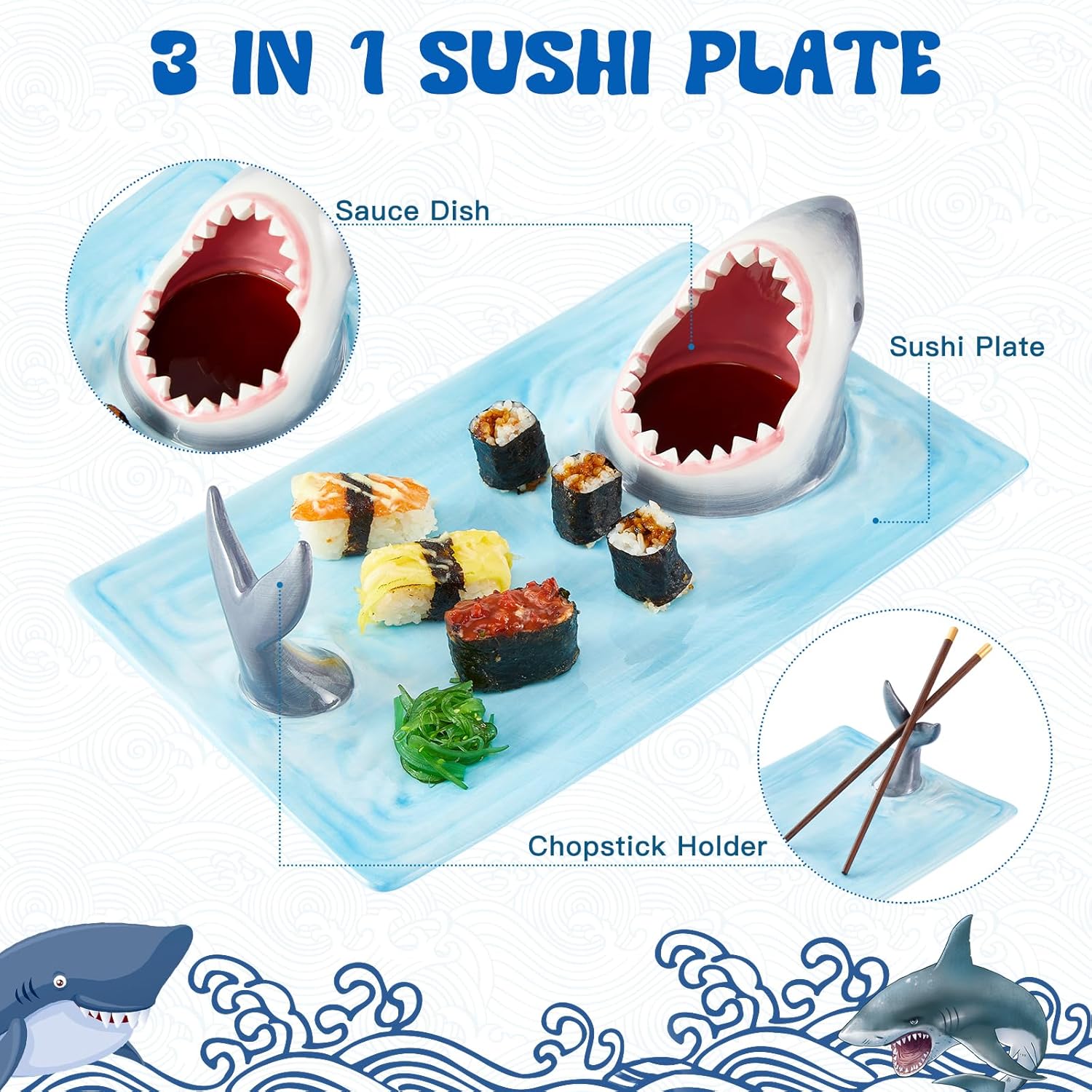 Ceramic Sushi Plate Serving Platter with Soy Sauce Bowl and Chopstick Holder B45876