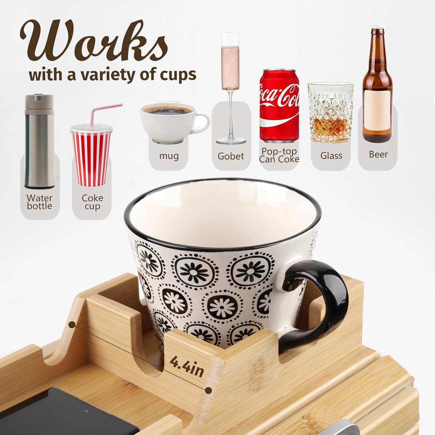 Natural Bamboo Couch Cup Holder Tray with Side Storage Pocket Z62163