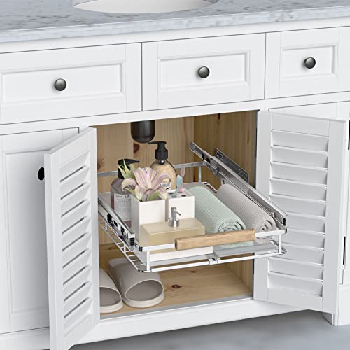 Extendable Slide Out Cabinet Organizer Pull Out Pantry Shelves Drawers Under Sink Sliding Basket, Adjusted Width 16.1"-26.3", 2 Pack D751