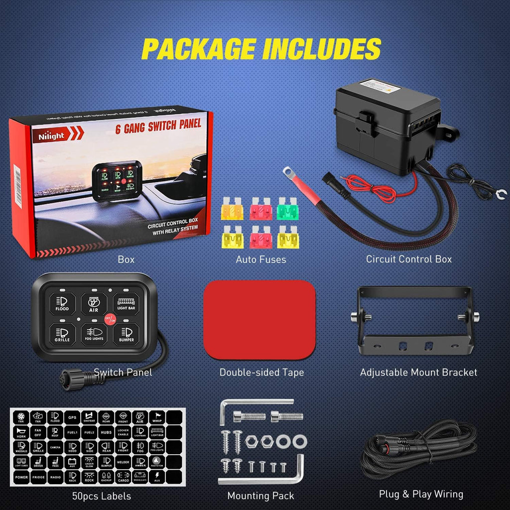 6 Gang Switch Panel Circuit Control Relay System with Fuse Wiring Harness Automatic Dimmable ON-Off LED Switch Pod I439369