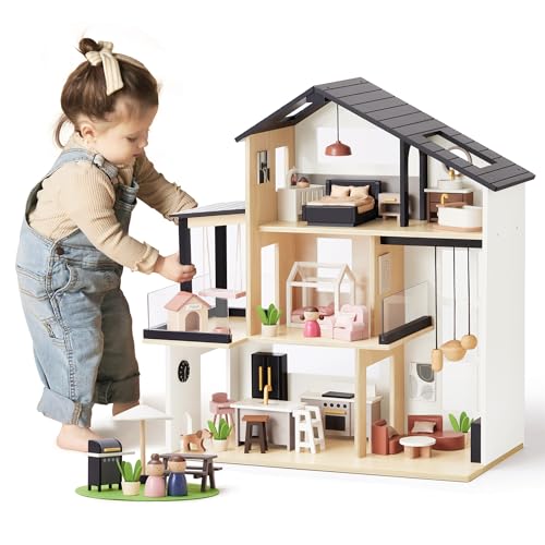 53Pcs Wooden Doll House with Furniture U25705