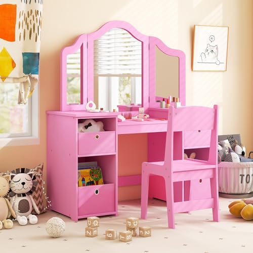 White Kids Vanity with Tri-fold Mirror Q66544