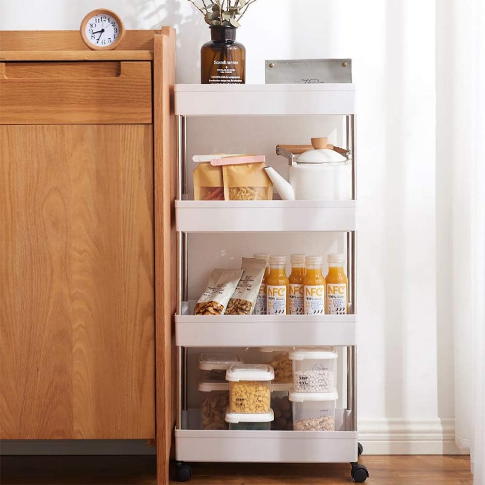 4 Tier Narrow Sliding Storage Organizer Rack Rolling Cart (White) R2673