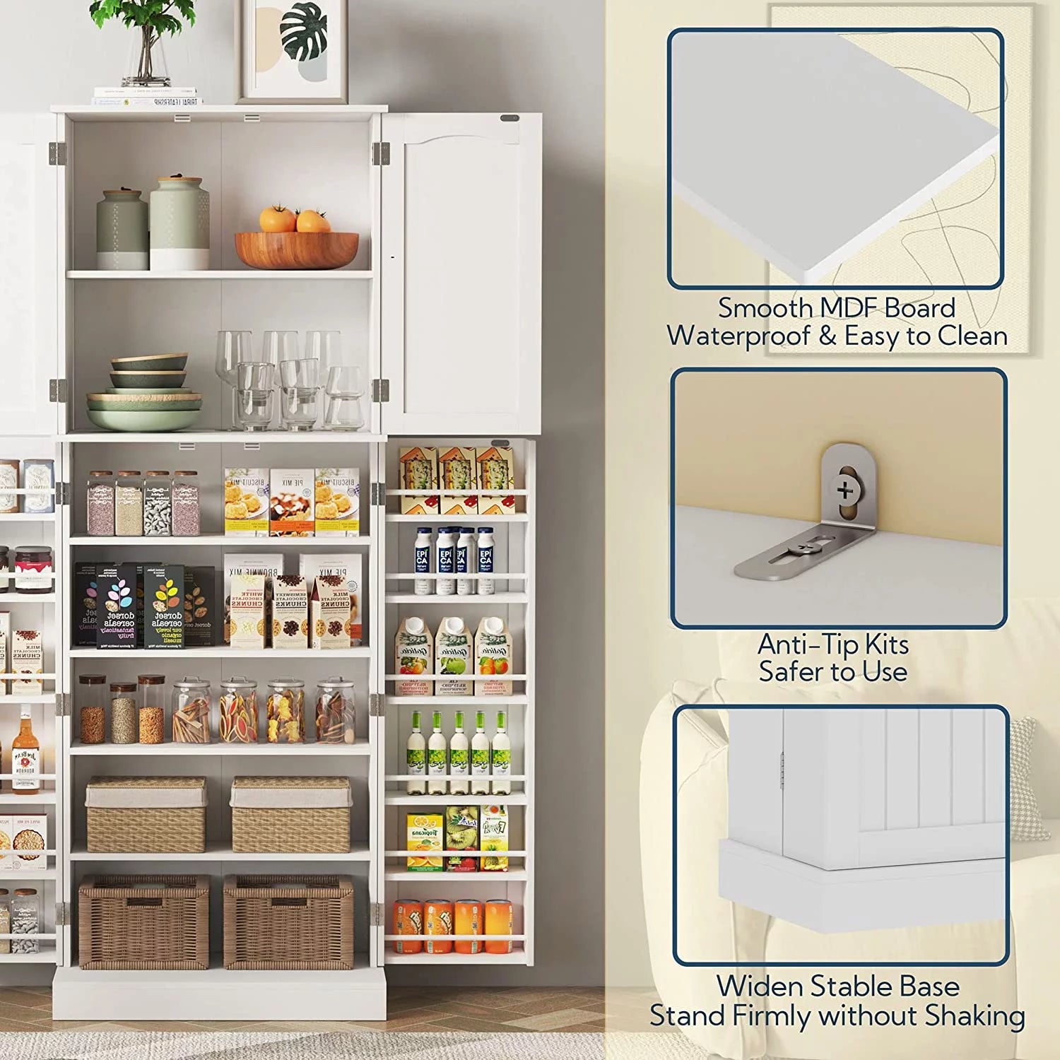 White Tall Kitchen Pantry Storage Cabinet with Doors and Shelves J824