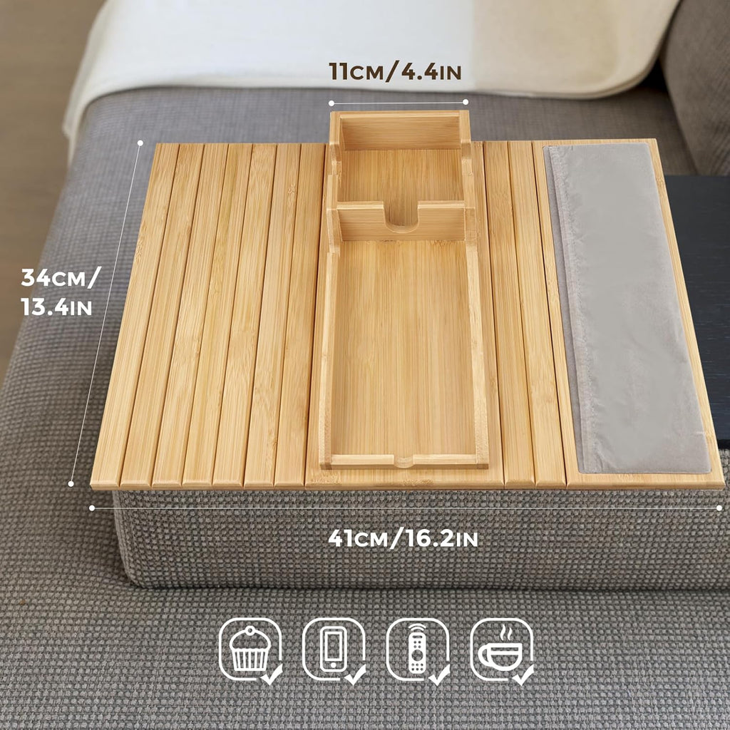 Natural Bamboo Couch Cup Holder Tray with Side Storage Pocket Z62163