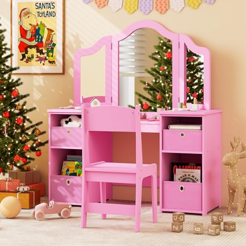 White Kids Vanity with Tri-fold Mirror Q66544