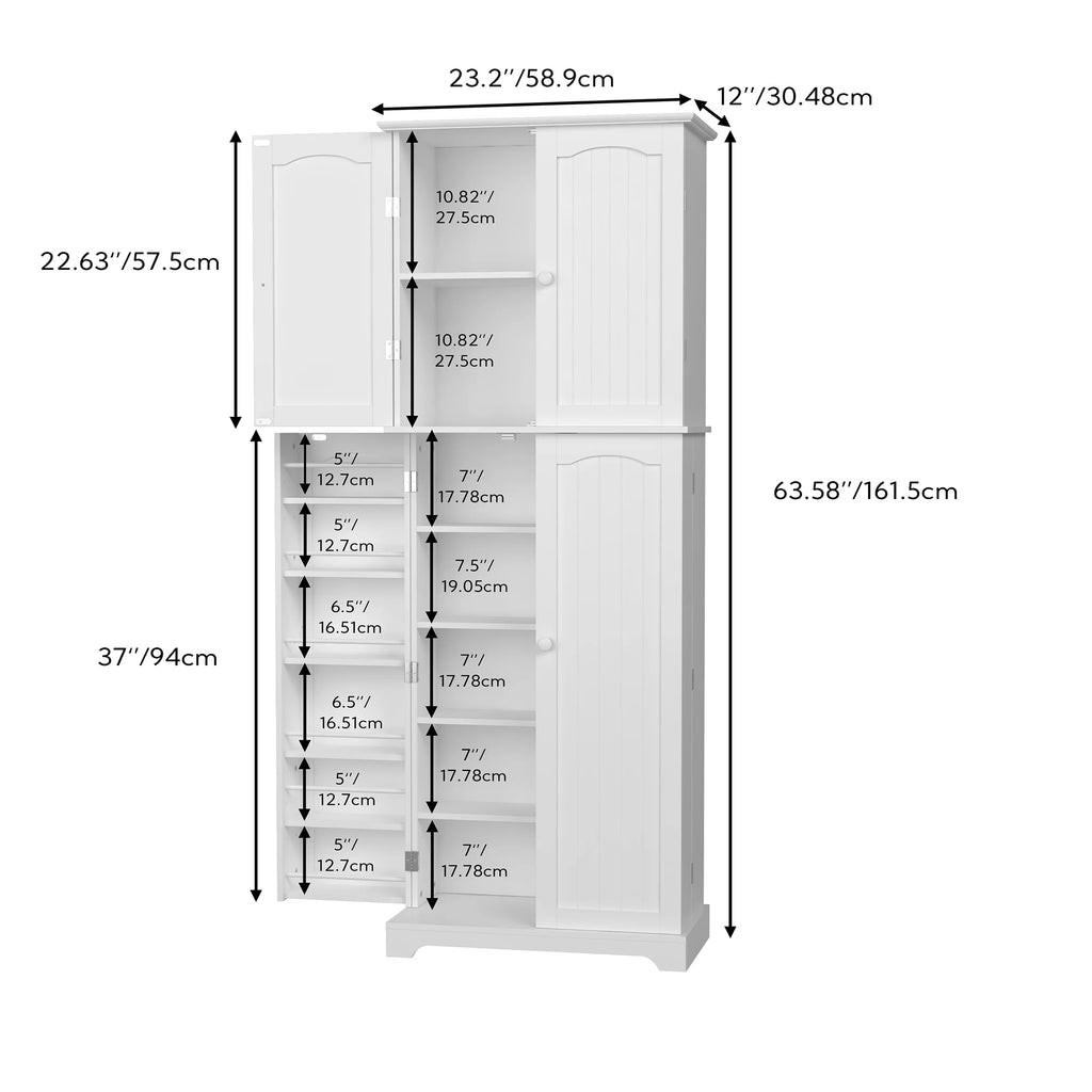White Tall Kitchen Pantry Storage Cabinet with Doors and Shelves J824