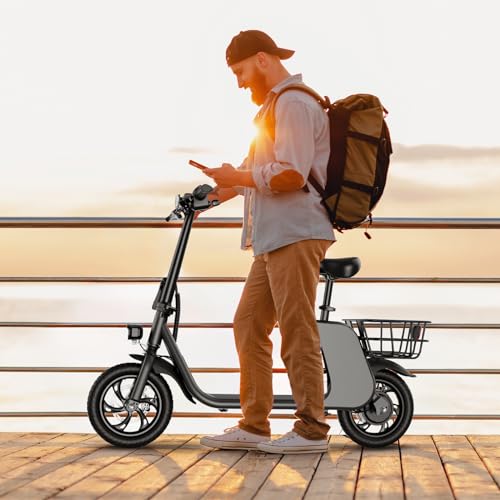 Electric Scooter with Seat & Carry Basket, 672W PWR, 288Wh, 20MPH, 20 Miles, 12.5" Tires N179