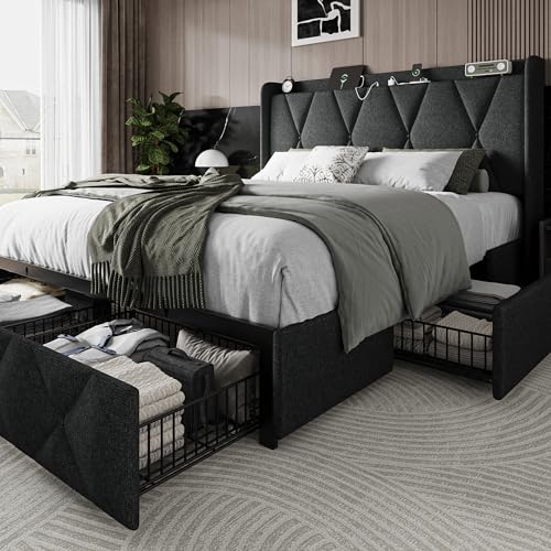 Black Queen Upholstered Platform Bed Frame with 4 Storage Drawers S831550