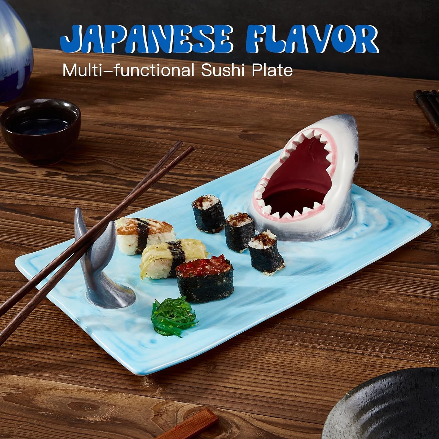 Ceramic Sushi Plate Serving Platter with Soy Sauce Bowl and Chopstick Holder B45876