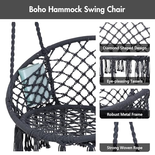 Macrame Hammock Chair with Stand, Heavy Duty Hanging Chair Stand, Includes Seat Cushion, Max 400 Lbs, Natural I447856