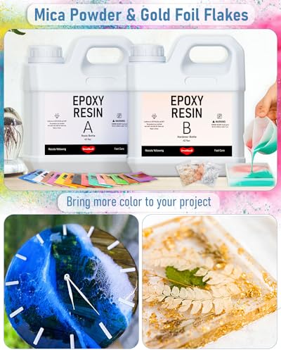 4 Gallon Epoxy Resin Kit with 72 Mica Powder, Foil Flakes, Measuring Cups, Sticks Y1652