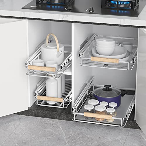 Extendable Slide Out Cabinet Organizer Pull Out Pantry Shelves Drawers Under Sink Sliding Basket, Adjusted Width 16.1"-26.3", 2 Pack D751