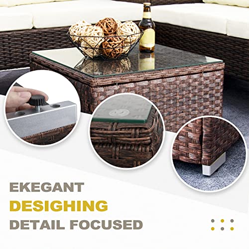 Outdoor Wicker Coffee Table with Glass Top, 25.2in Mixed Brown G58374