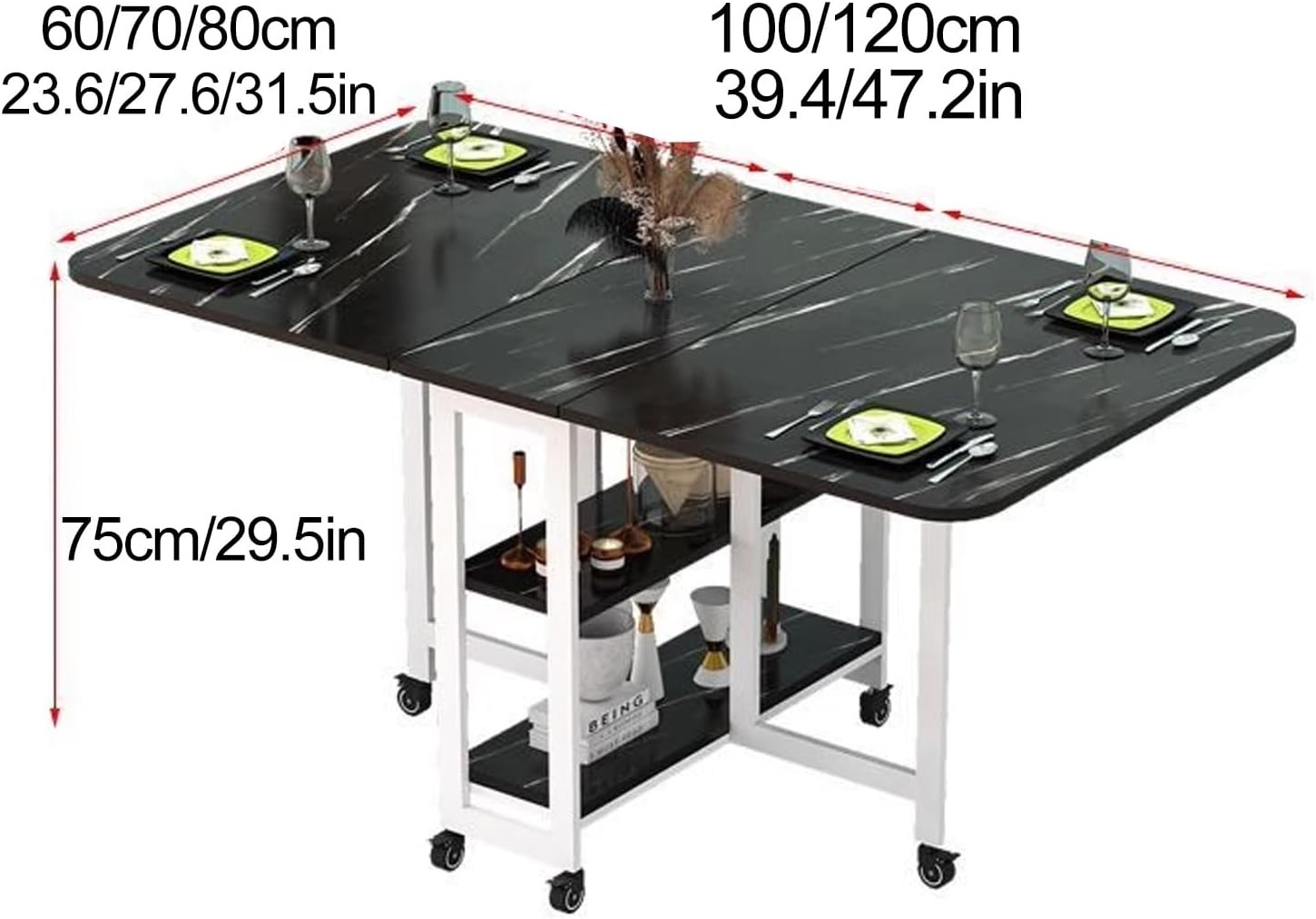 Drop Leaf Dining Table with 6 Wheels and 2-Layer Storage Racks C337033