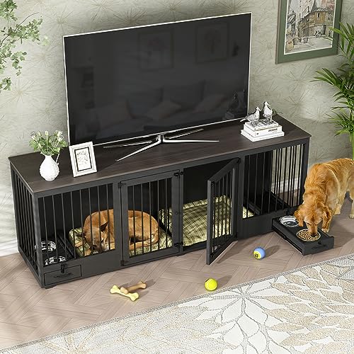 White 86.6" Heavy Duty Wooden Dog Kennel with Dog Bowl Drawers & Divider Y645