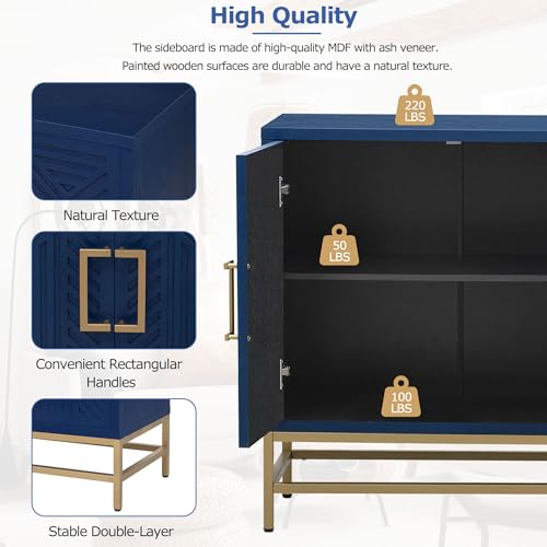 Navy Wooden Accent Storage Cabinet with 4 Doors and Adjustable Shelves T5706