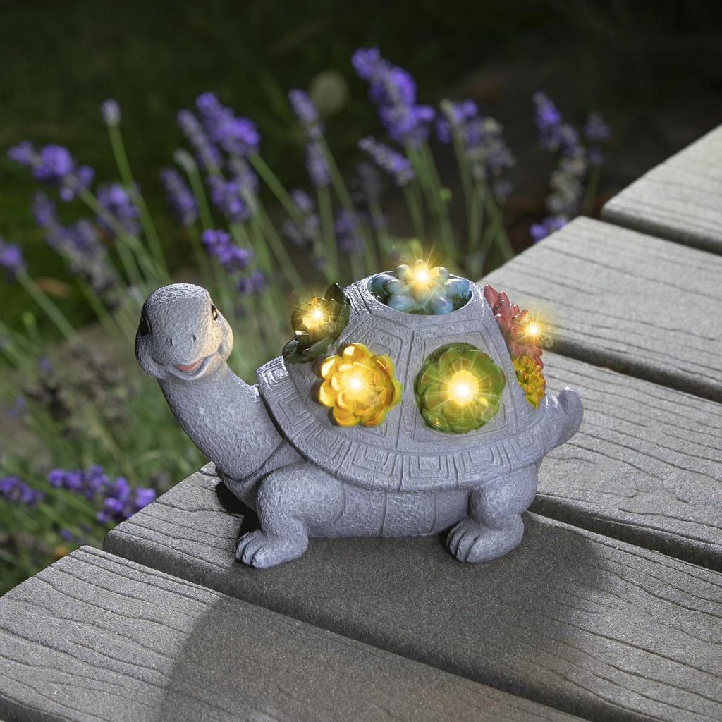 Solar Turtle Garden Statue with Flower Lights Outdoor Decorative Planter Q806351