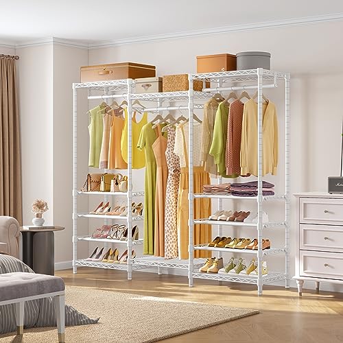 White Heavy Duty Garment Rack with Adjustable Shoe Rack Wire Shelf P115554