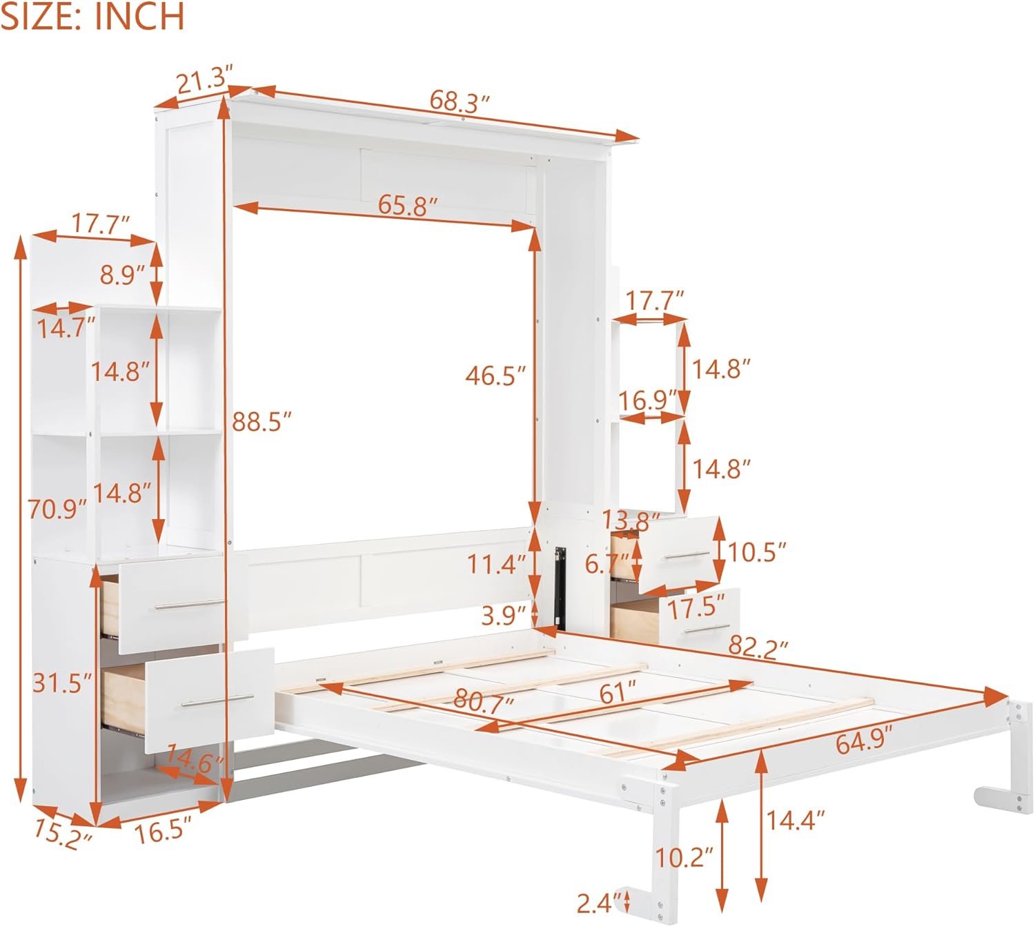 White Queen Size Murphy Wall Bed with Shelves, Drawers and LED Lights G1059