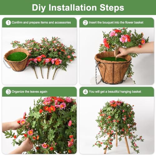 4 Pack Artificial Hanging Flowers with Basket, Silk Chrysanthemum Flowers, Purple Red H261627