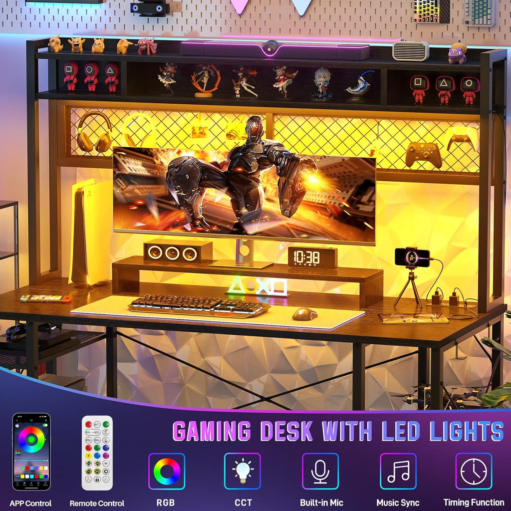 Black 55 Inch Gaming Desk with Hutch and LED Lights M997