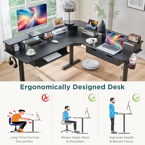 Dark Rustic Oak L Shaped Electric Standing Desk with Drawers F98220
