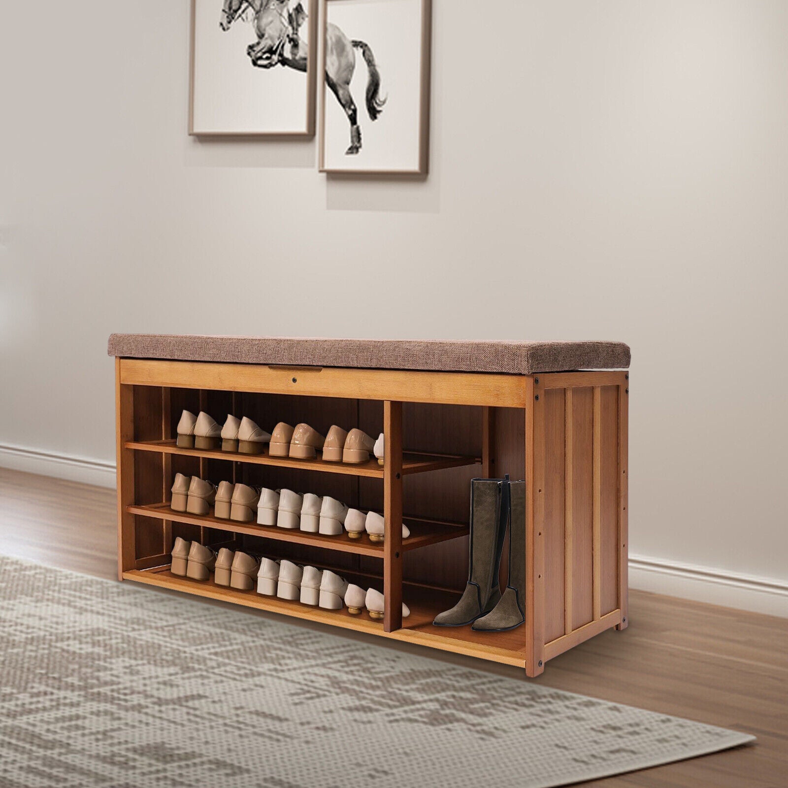 3 Tier Brown Bamboo Shoe Bench Storage Cabinet with Cushion H651713