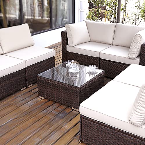 Outdoor Wicker Coffee Table with Glass Top, 25.2in Mixed Brown G58374
