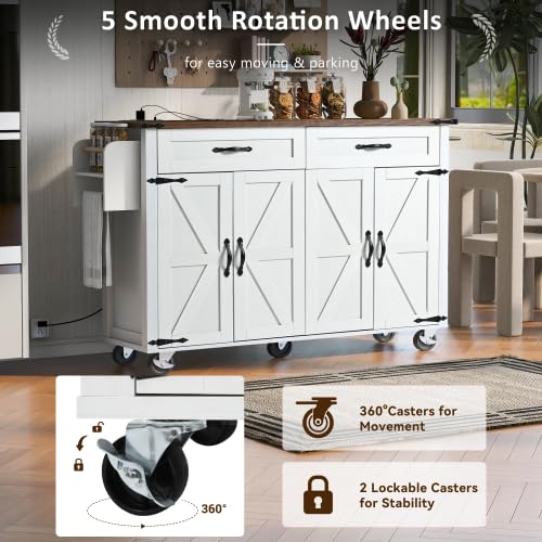 Black Kitchen Island with Storage Cabinet on Wheels, 53.5'' Mobile Kitchen Cart with Power Outlet, Drop Leaf, Spice Rack and Drawer M692
