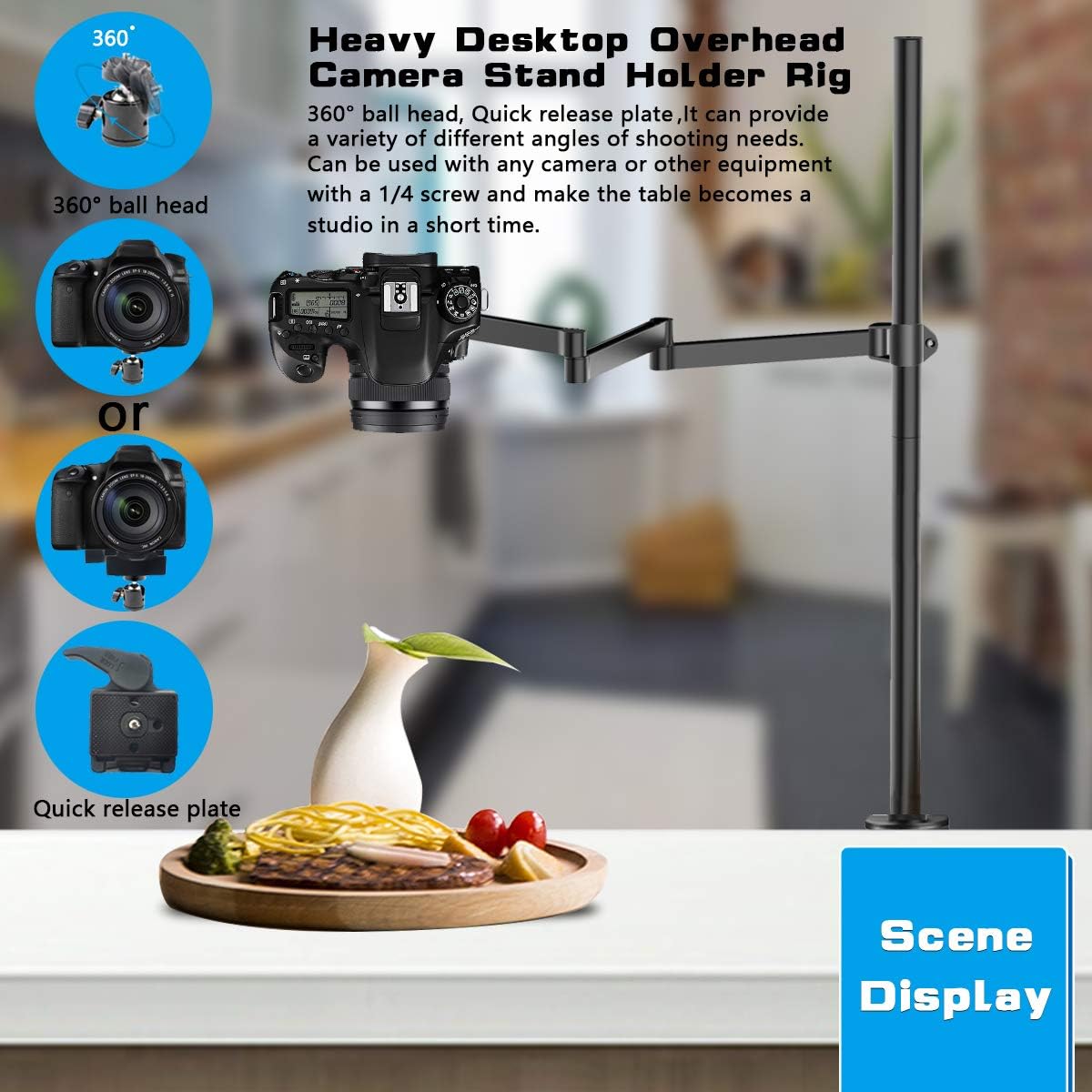 Heavy Desktop Overhead Camera Mount Stand with Flexible Arm and 360° Ball Head I509