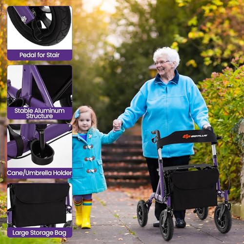 Foldable Rollator Walker with Seat, 9.5" All Terrain Pneumatic Wheel, Heavy Duty A73476