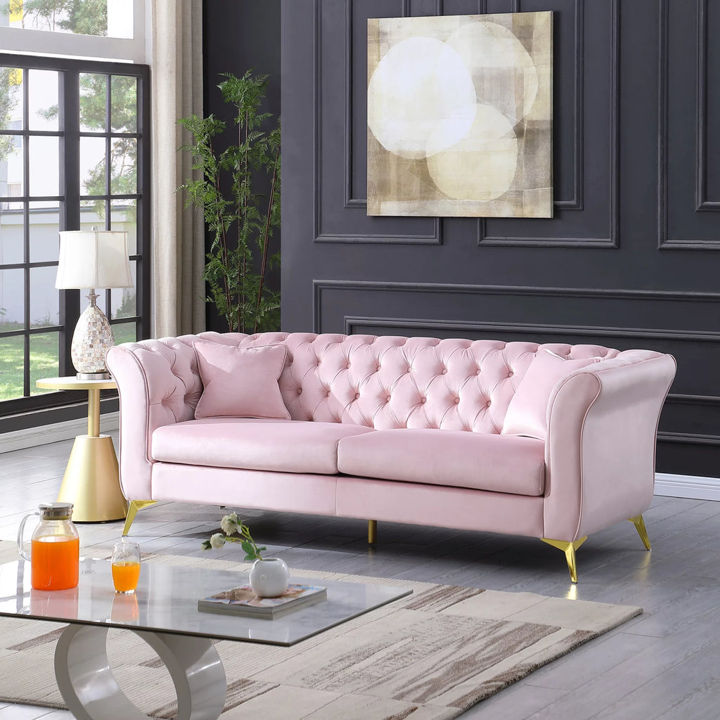 Pink Tufted Fabric Sofa with Scroll Arm Z346119