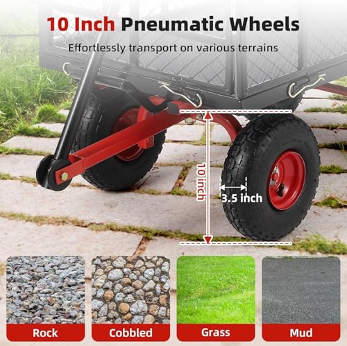 880 lb 10-inch tire steel garden cart with 4-side removable mesh and 180° swivel handle T802023