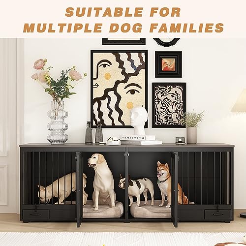 White 86.6" Heavy Duty Wooden Dog Kennel with Dog Bowl Drawers & Divider Y645