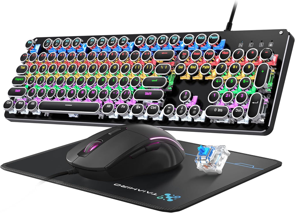 Metal Panel Retro Mechanical Gaming Keyboard and Mouse Combo with RGB Backlit 104 Keys K82252