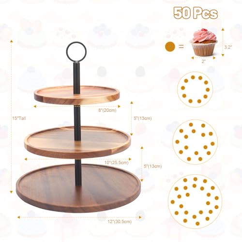 2 Set 3 Tier Cupcake Stand, Wood Veneer Serving Tray, 8"x10"x12" Z403