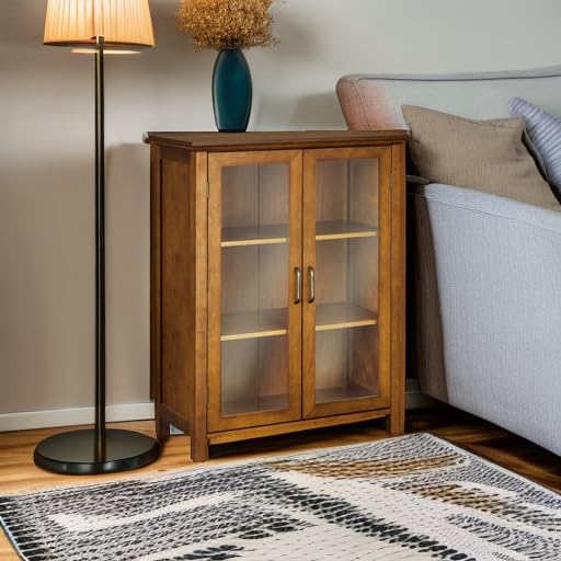 Oiled Oak Wooden Freestanding Floor Cabinet with 2 Adjustable Shelves and 2 Glass Paneled Doors Y13359