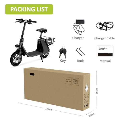 Electric Scooter with Seat & Carry Basket, 672W PWR, 288Wh, 20MPH, 20 Miles, 12.5" Tires N179