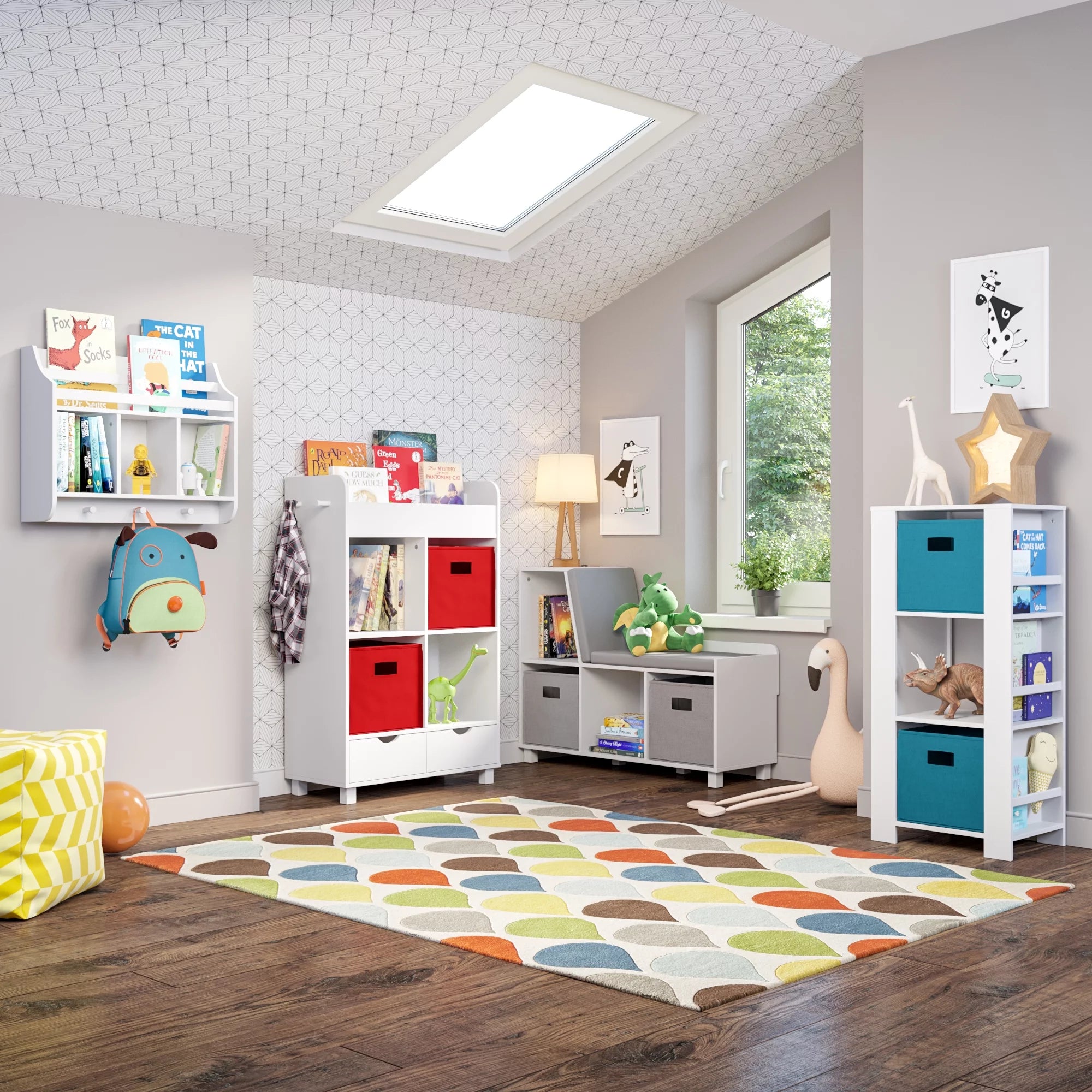 Gray Kids Storage Bench with Cubbies and 2pc Bin O8110