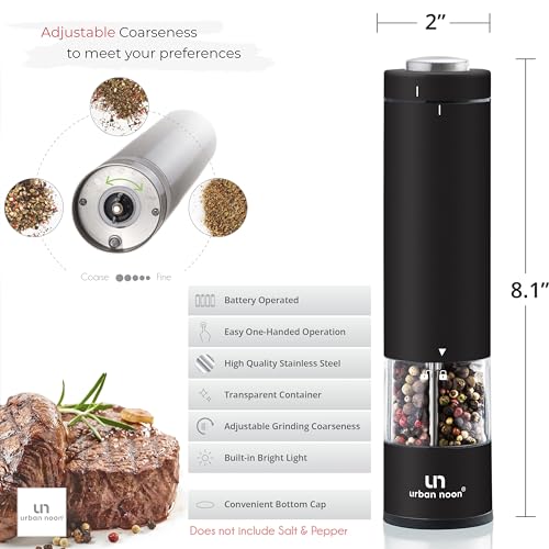 Electric Salt and Pepper Grinder Set - Battery Operated Stainless Steel Mill with Light (2 Black Mills) - Ceramic Grinders Q630